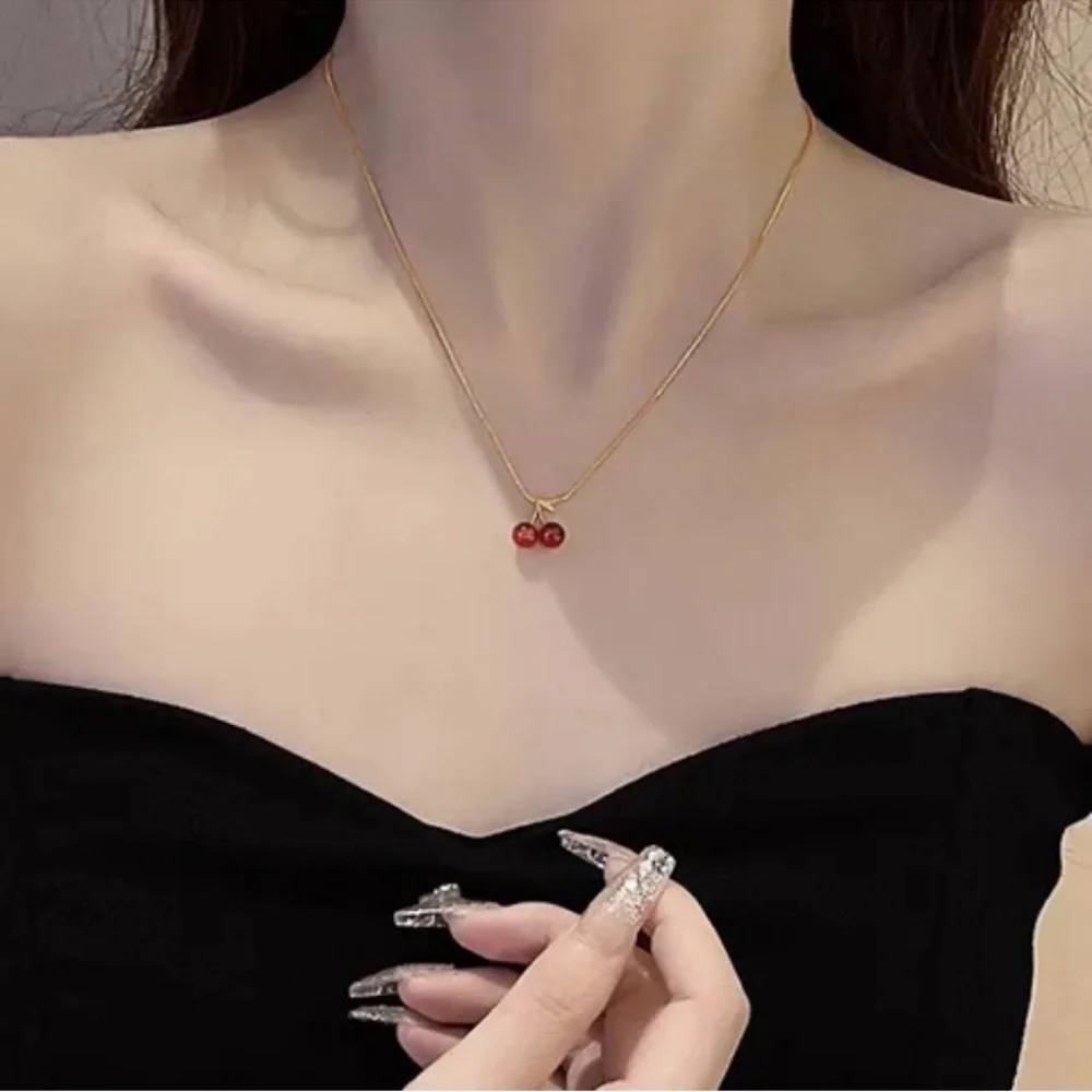 Elegant Gold Color & Cherry Pendant Necklace - NWOT